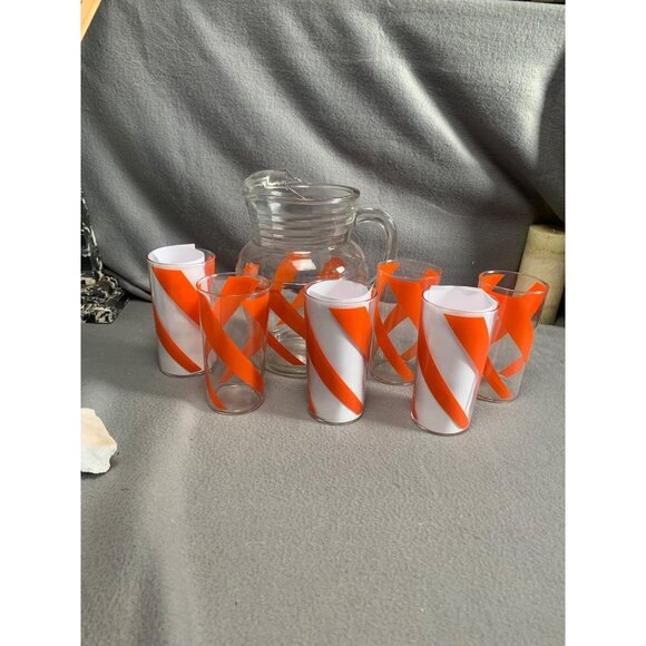 Vintage Orange Swirl 6 12oz Glasses & Pitcher Mid Century Set - Picture 11 of 13